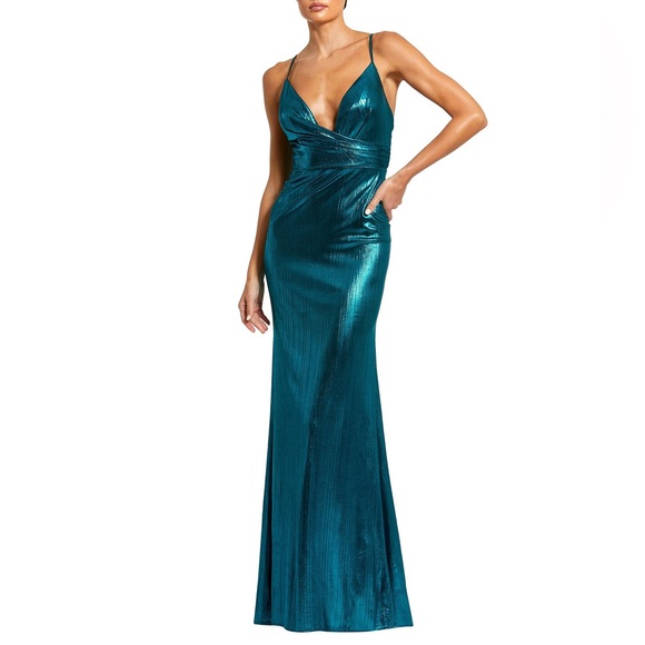 Mac Duggal Dresses & Skirts - NWT Ieena Mac Duggal Plunging Surplice V-Neck Sleeveless Open Back Gown Teal 6